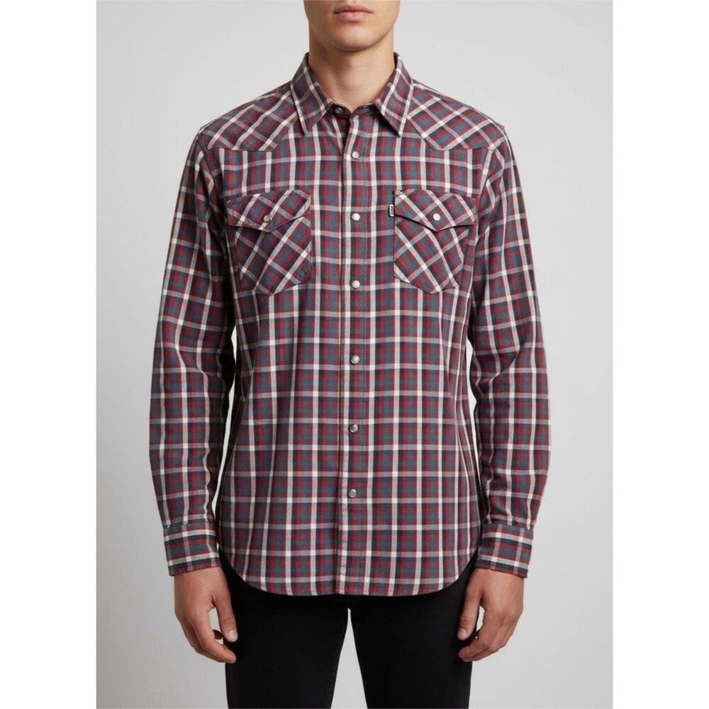 Levi’s Western Pearl Snap Plaid Shirt Red Blue Mens L Y2K Cowboy Rodeo EUC‎